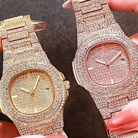 1pc Popular Hip Hop Full Artificial Diamond Avant-garde Quartz Watch - Picture 2 of 8